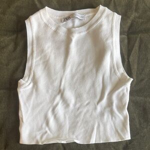 Zara White Cropped Ribbed Knit Tank Top